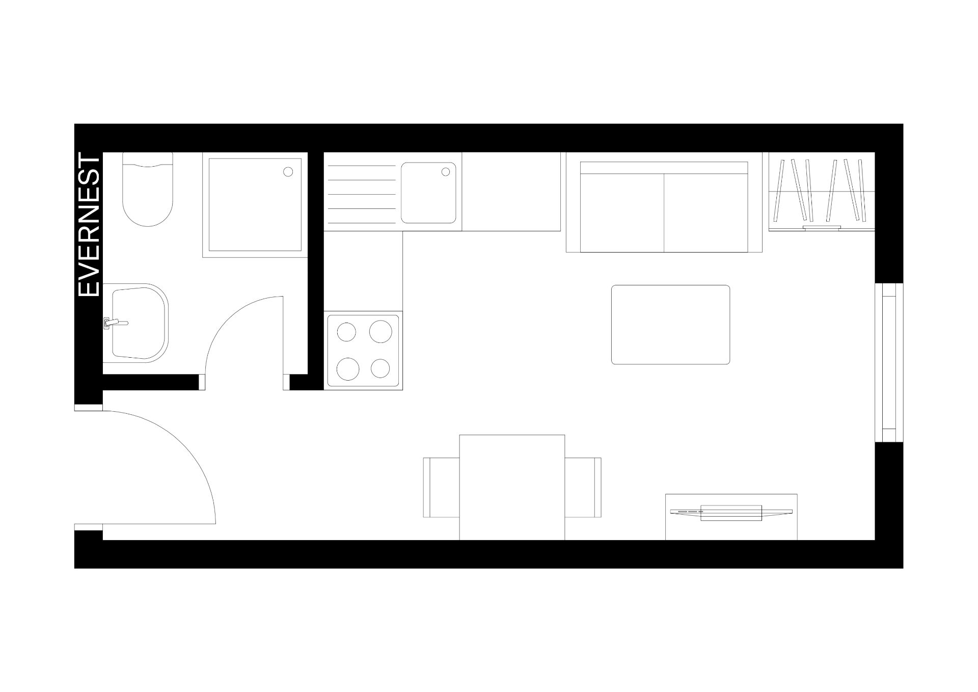 Grundriss einer kleinen Wohnung mit Bad, Küche, Wohnbereich und Esstisch.