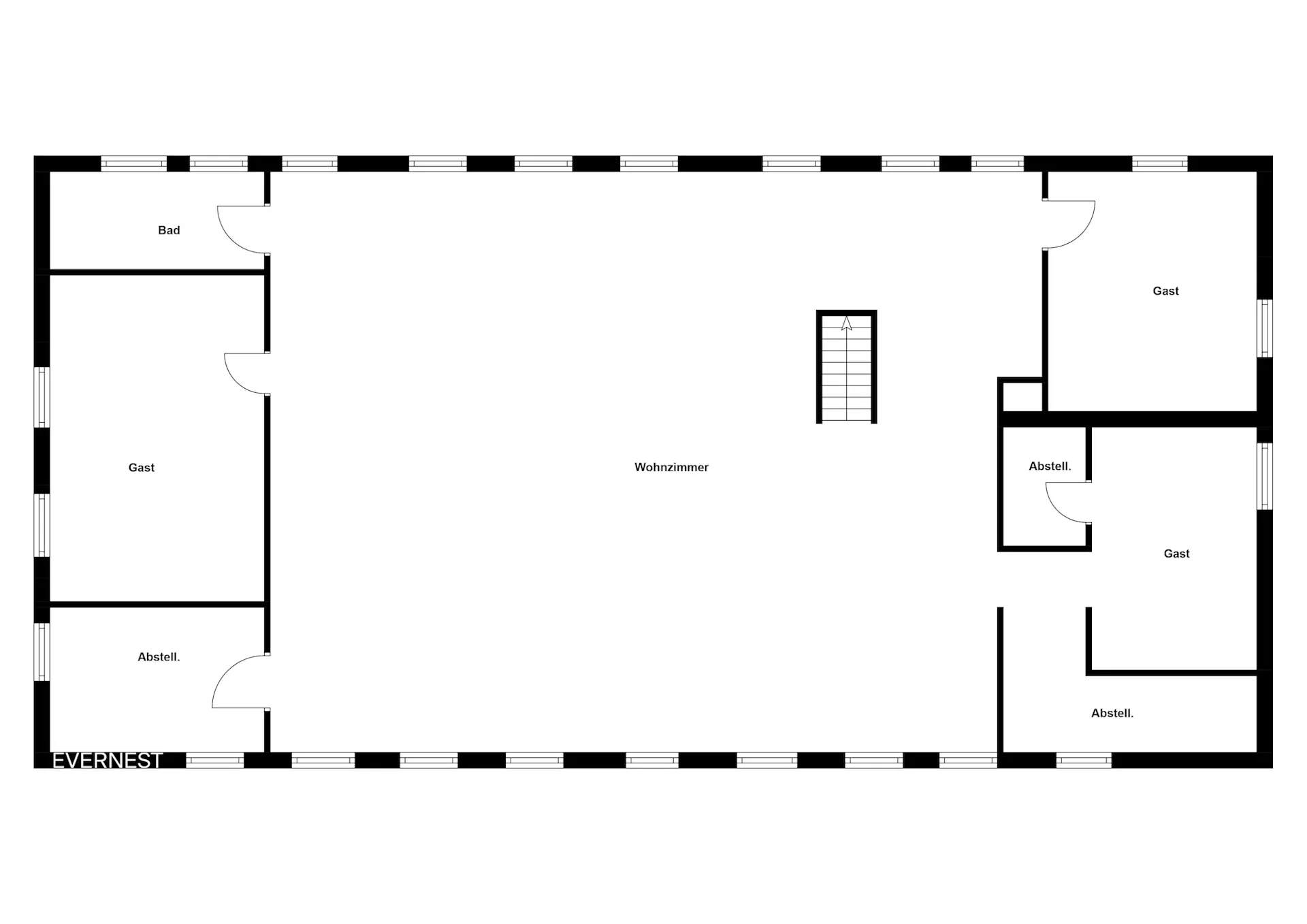 Grundriss mit Wohnzimmer, drei Gästezimmern, drei Abstellräumen und einem Bad.