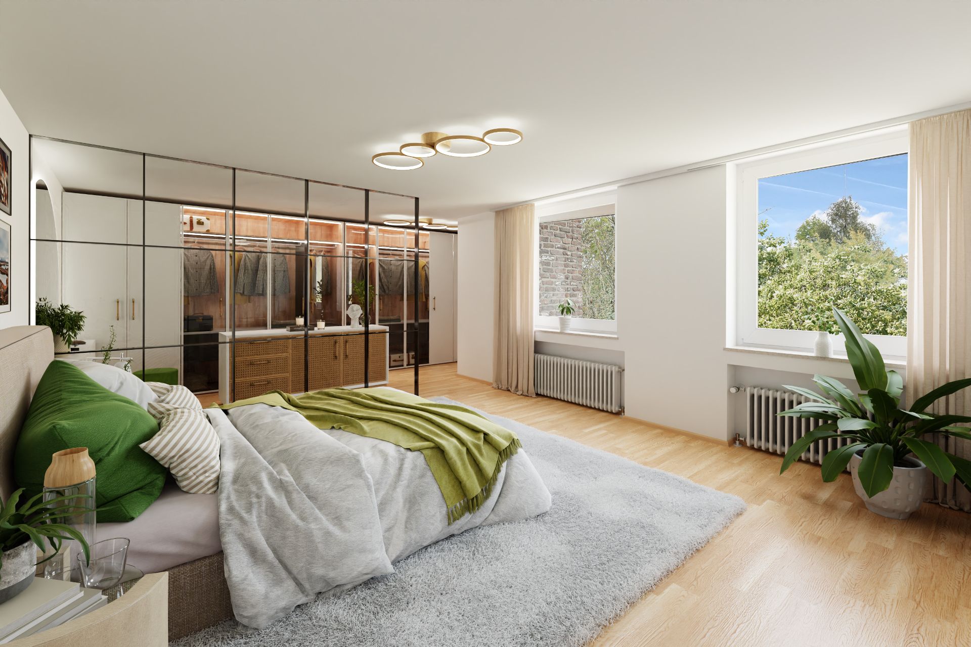 Helles Schlafzimmer mit großem Bett, Teppich, Glas-Schrankwand und zwei Fenstern mit Ausblick ins Grüne.