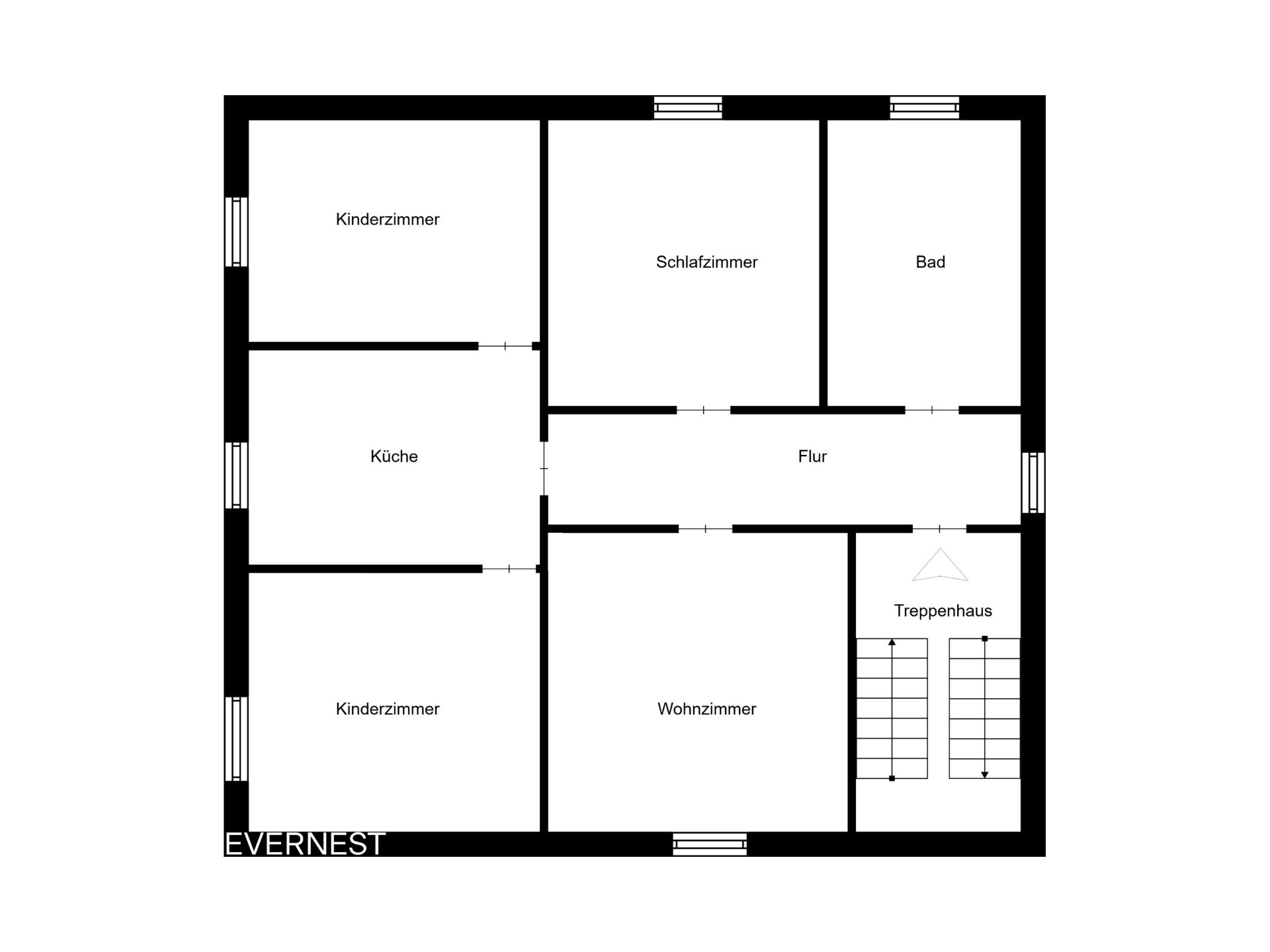 Grundriss mit zwei Kinderzimmern, Schlafzimmer, Bad, Küche, Wohnzimmer, Flur und Treppenhaus.