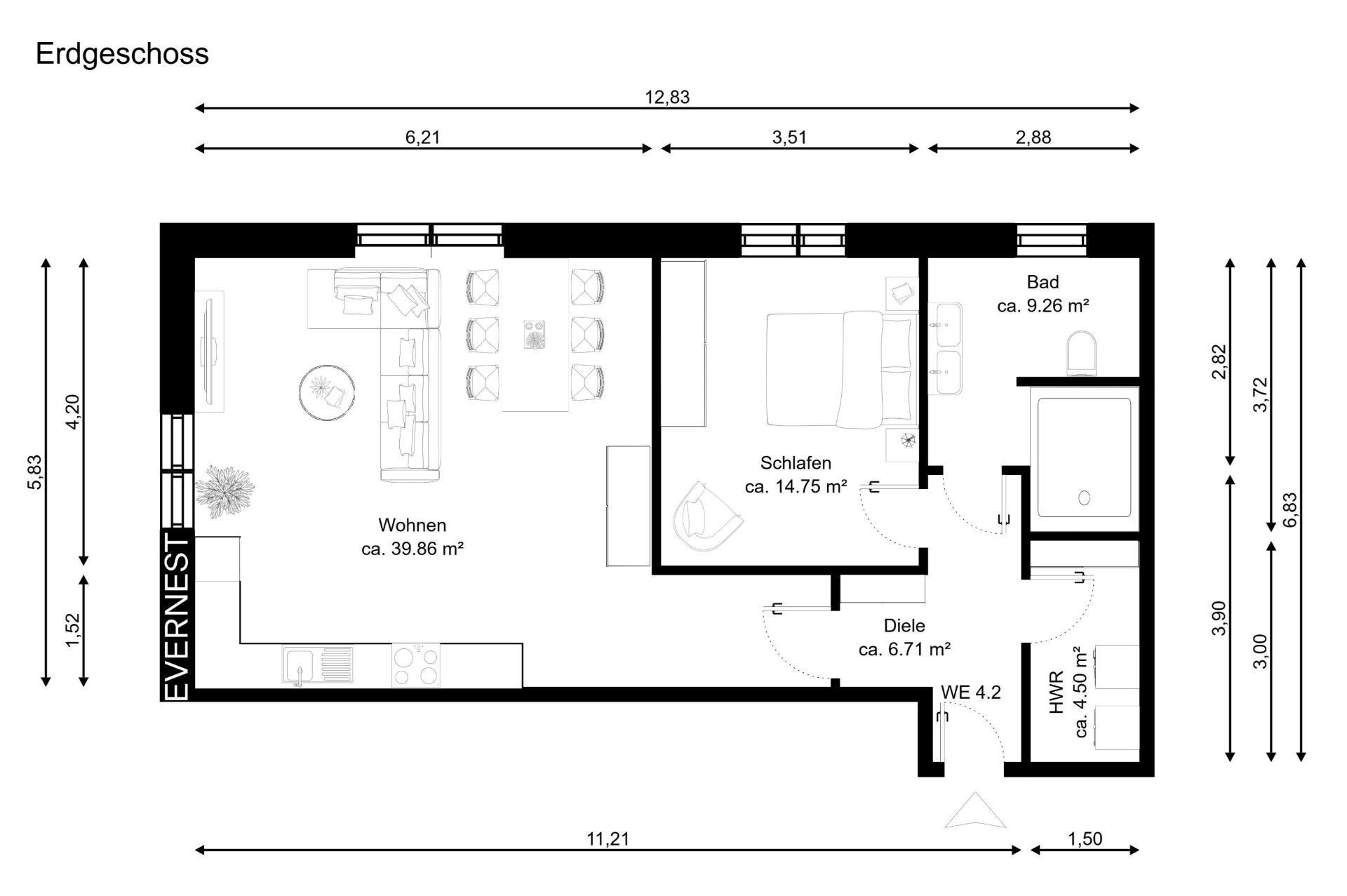 Grundriss einer Wohnung mit Wohnbereich, Schlafzimmer, Bad, Flur und Hauswirtschaftsraum.