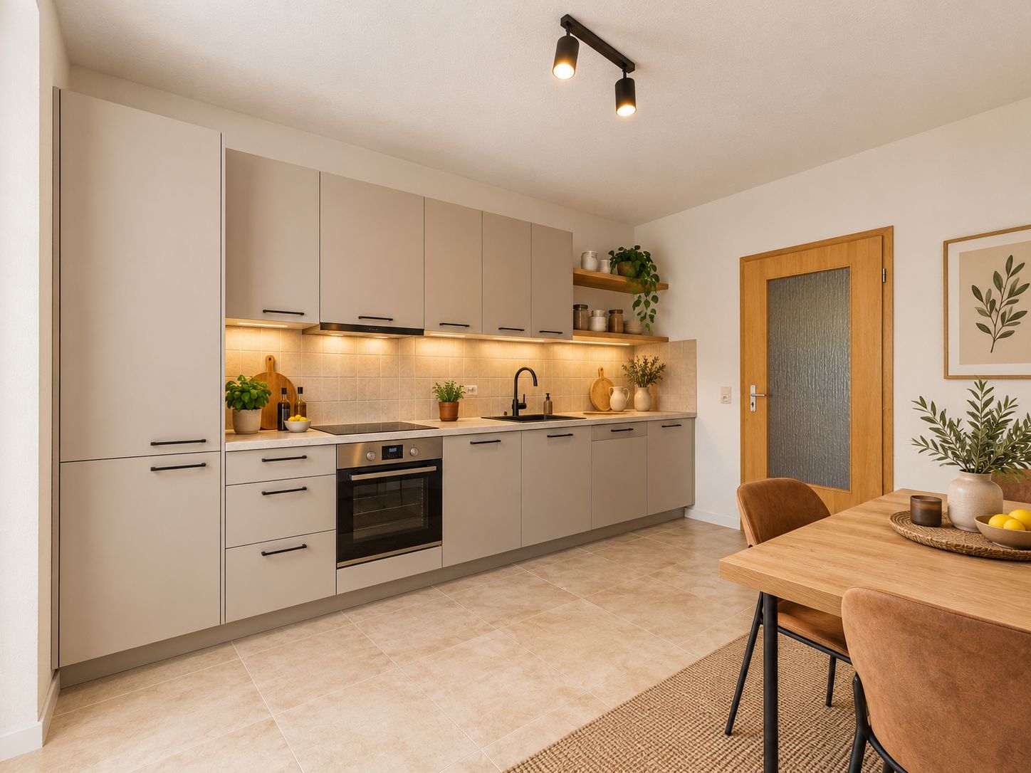 Moderne Einbauküche mit beigem Schrank, Esstisch und Deko-Pflanzen in hellem Raum.
