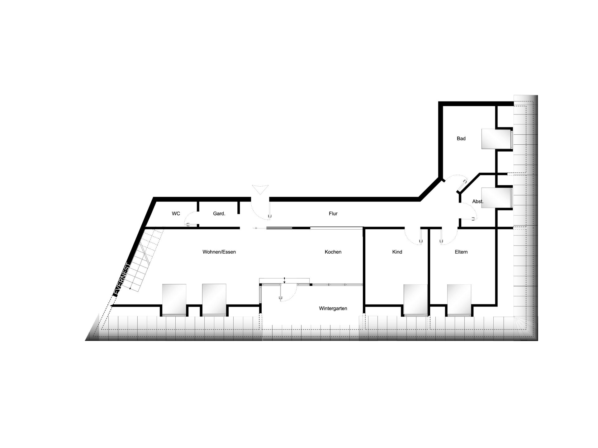 Grundriss einer Wohnung mit Wohnbereich, Küche, Kinderzimmer, Elternzimmer, Bad und Wintergarten.