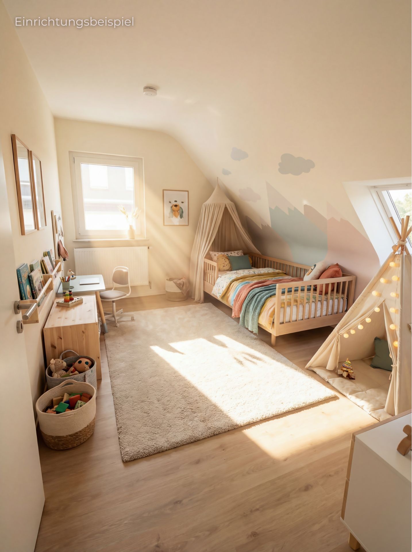 Helles Kinderzimmer mit Teppich, Holzbett, Schreibtisch und Spielzeug-Zelt.
