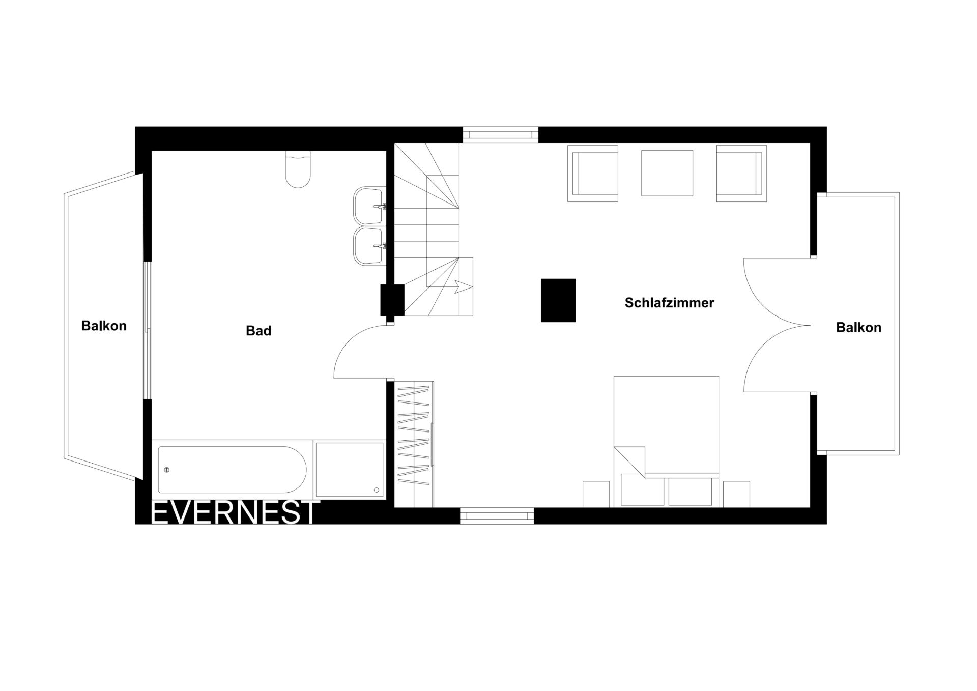 Grundriss mit Schlafzimmer, Bad und zwei Balkonen.