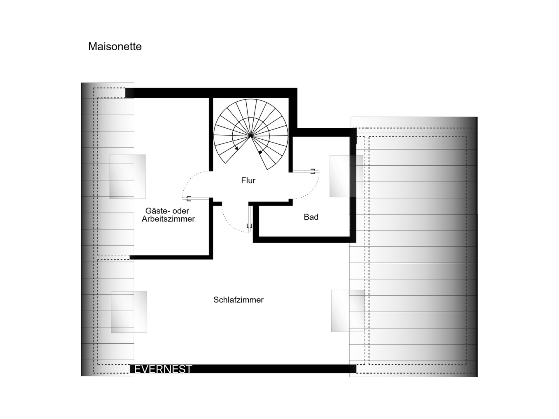 Grundriss mit Schlafzimmer, Gäste- oder Arbeitszimmer, Bad, Flur und Treppe.