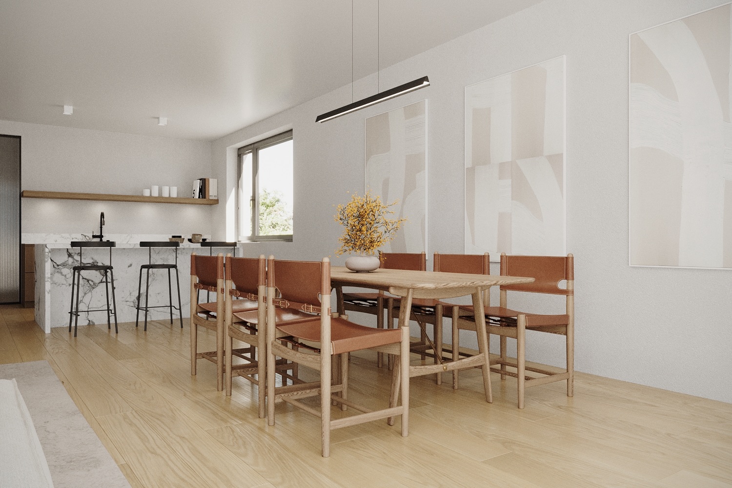 Heller Essbereich mit Holztisch, acht Stühlen und moderner Küche im Hintergrund.