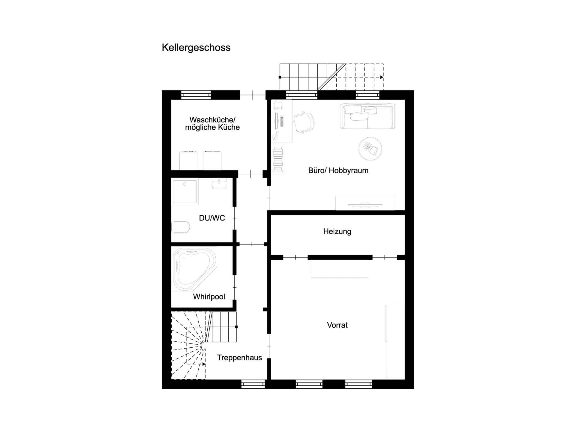 Grundriss des Kellergeschosses mit Waschküche, Büro, DU/WC, Whirlpool, Heizung und Vorratsraum.
