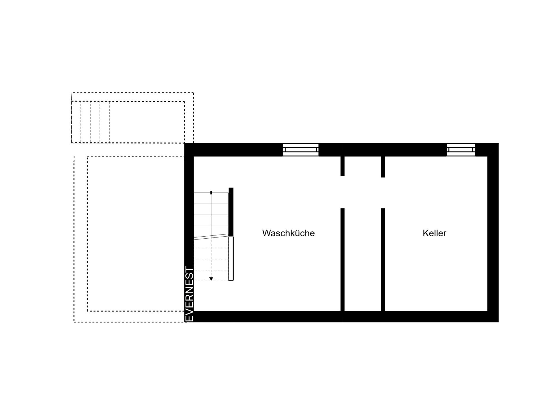 Grundriss mit zwei Räumen: Waschküche und Keller, sowie Treppenaufgang.