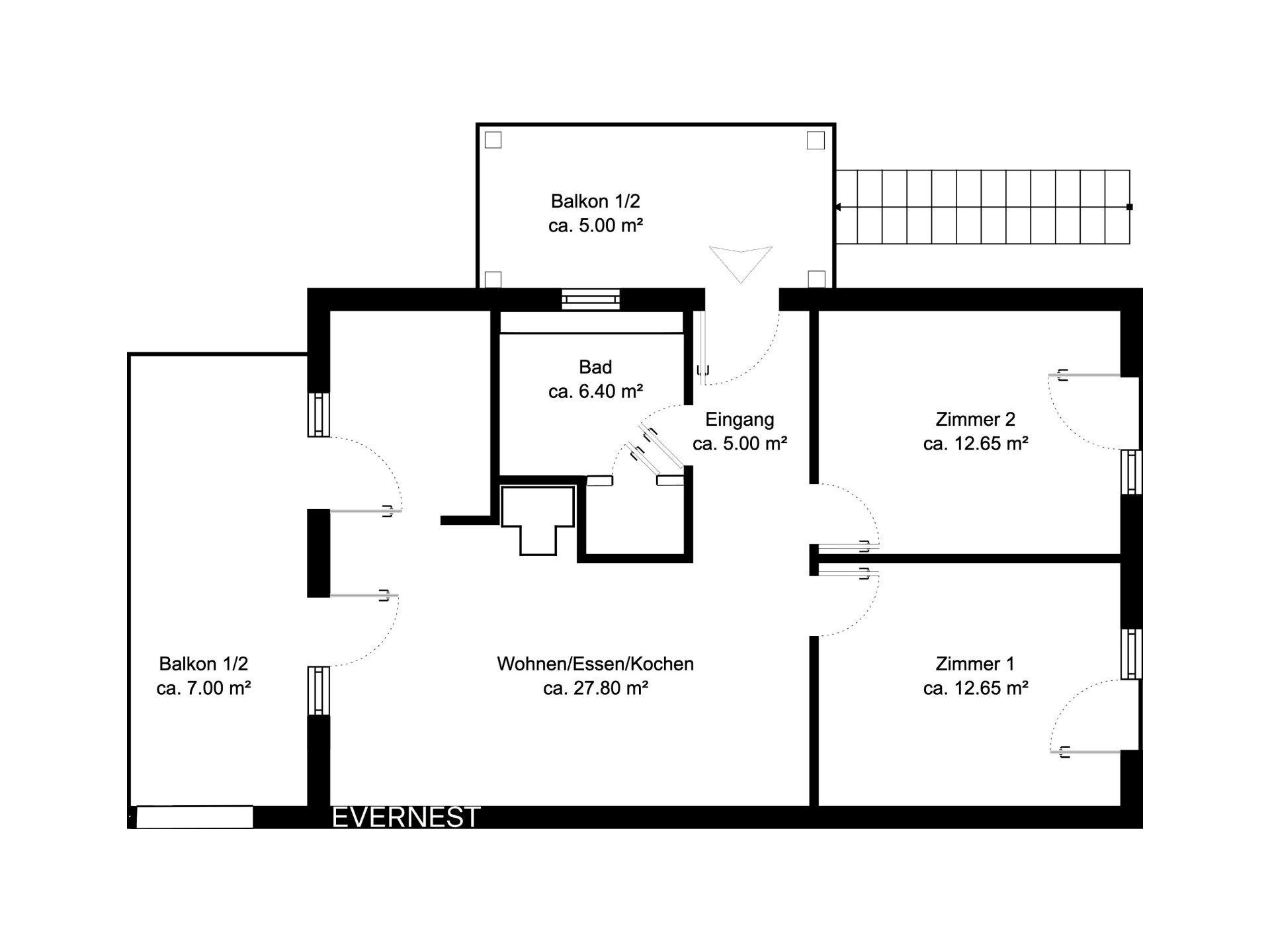 Grundriss einer Wohnung mit zwei Zimmern, Bad, Wohnbereich, zwei Balkonen und Eingang.