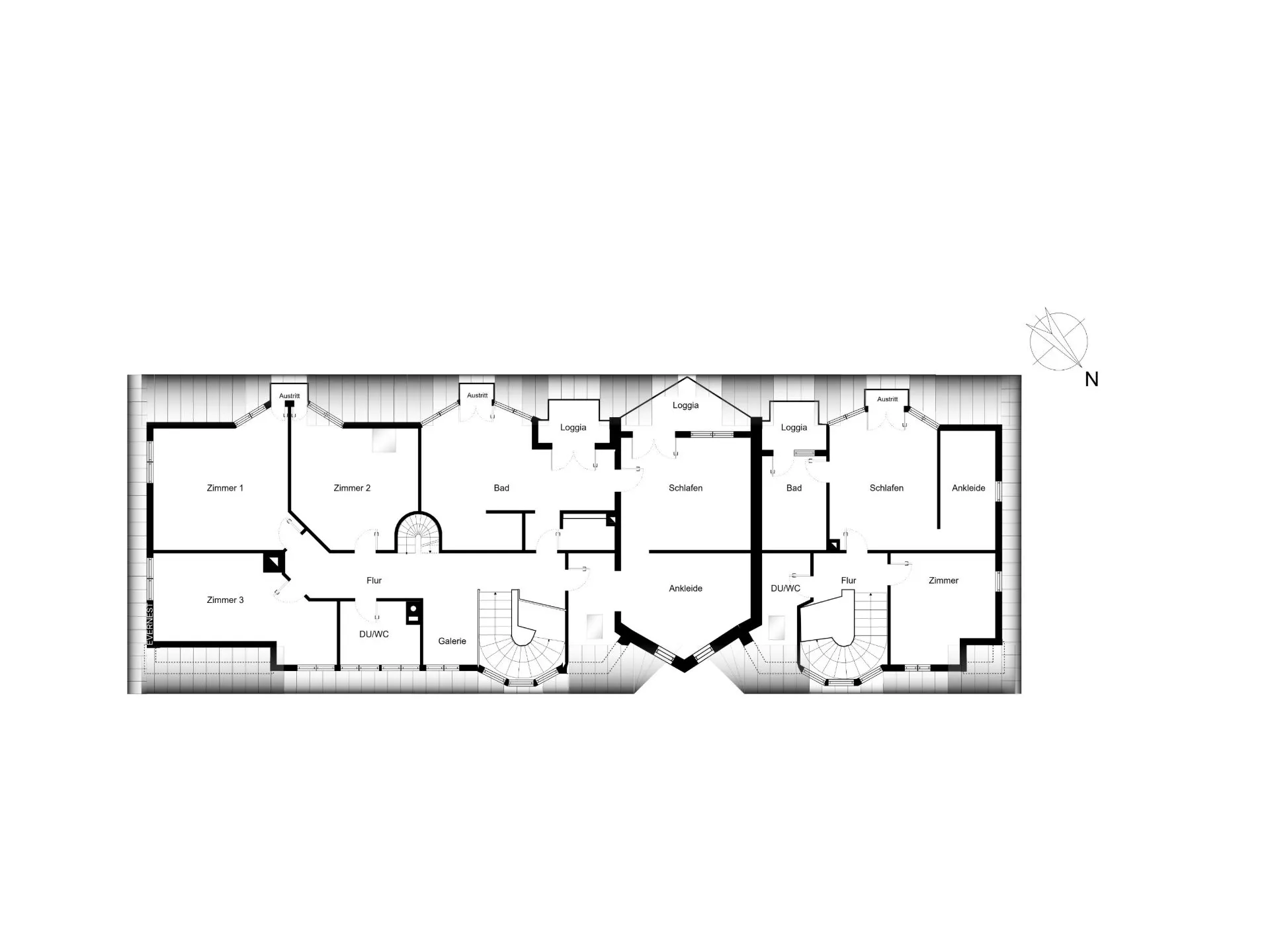 Grundriss einer Wohnung mit mehreren Zimmern, Bädern, Ankleiden, Fluren und Loggien.