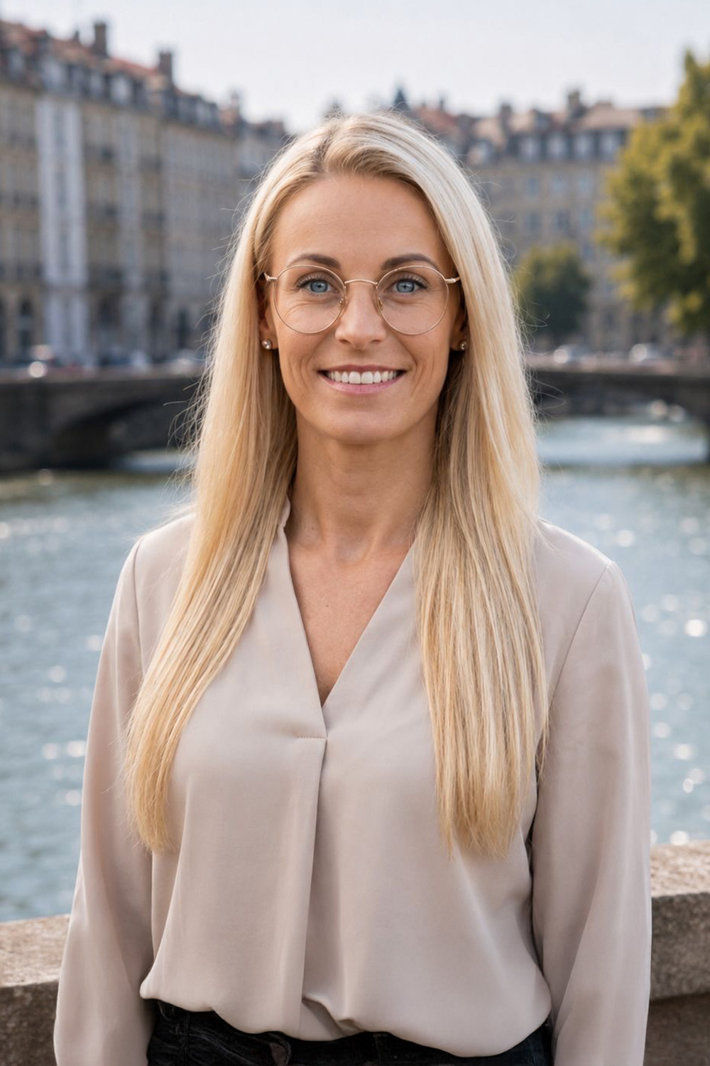 Frau mit langen blonden Haaren und Brille steht vor einem Fluss mit Wohnhäusern im Hintergrund.