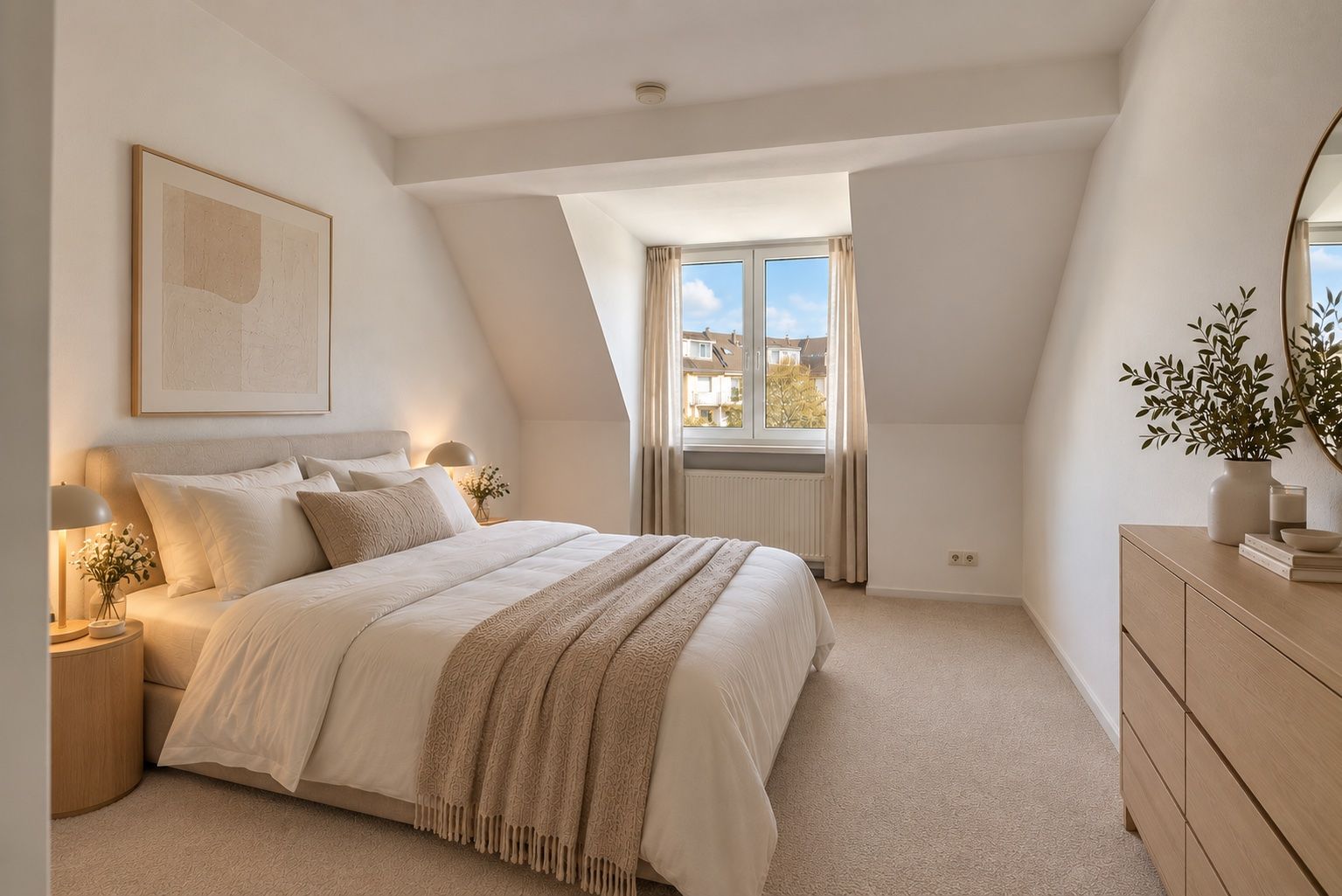Helles Schlafzimmer mit Doppelbett, Nachttischen, Kommode und Fenster mit Vorhängen.