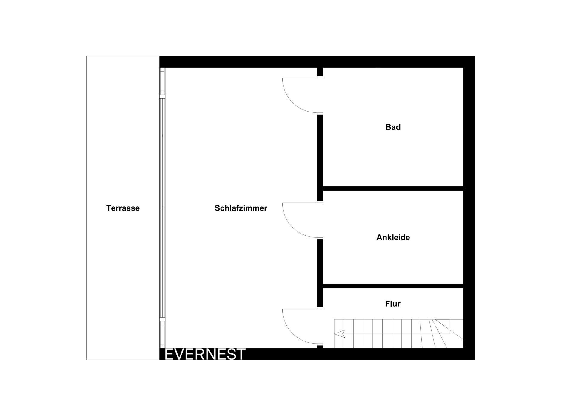 Grundriss mit Schlafzimmer, Bad, Ankleide, Flur und Terrasse.