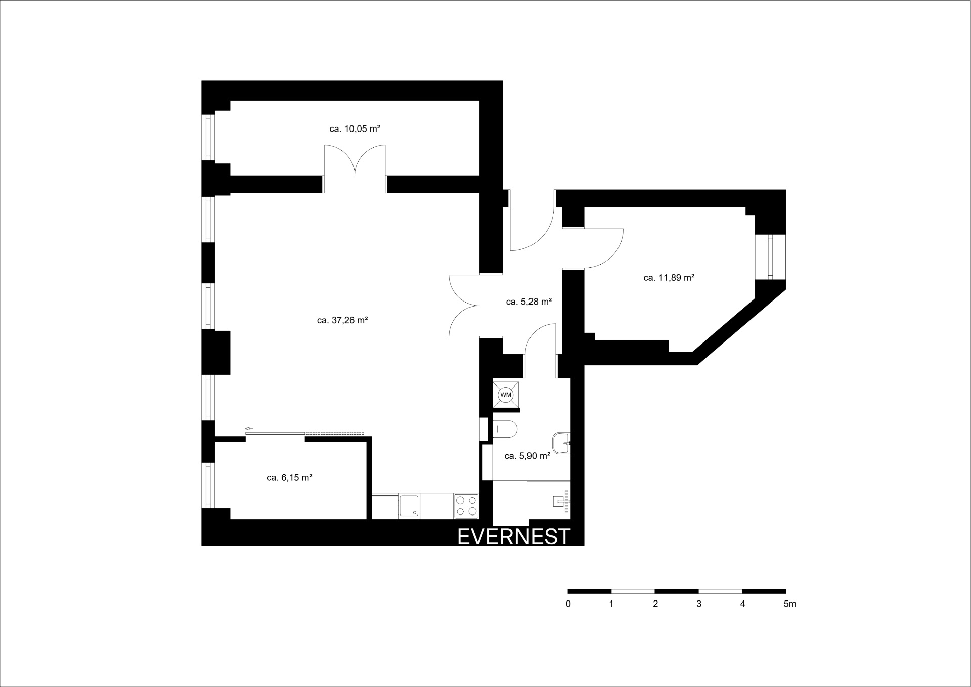 Schwarz-weißer Grundriss einer Wohnung mit mehreren Räumen und Flächenangaben in Quadratmetern.