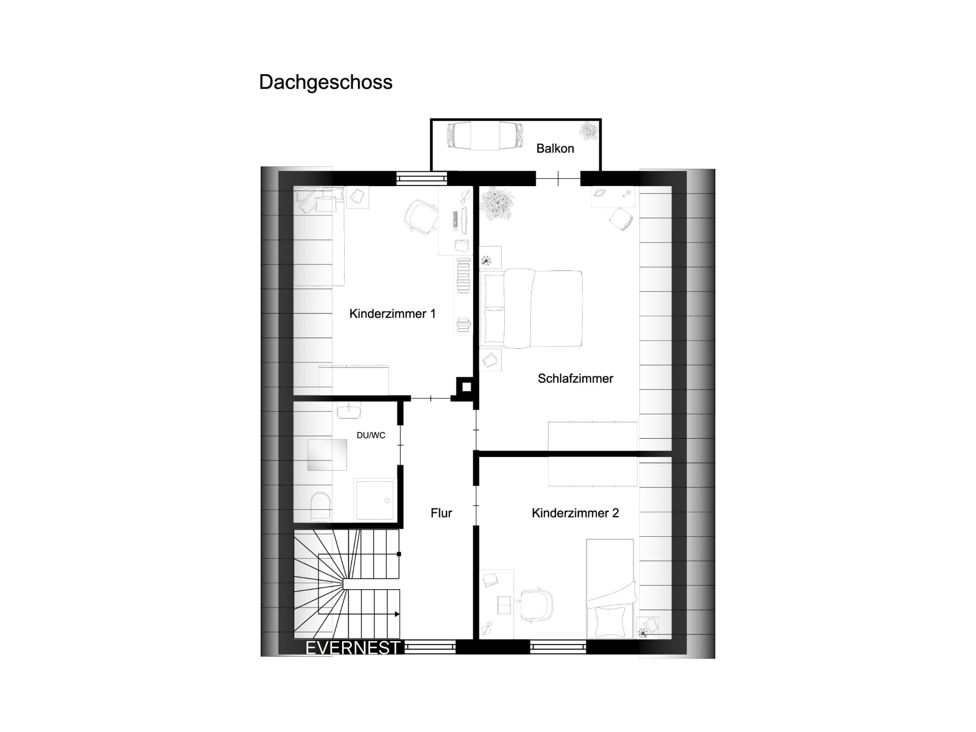 Grundriss eines Dachgeschosses mit drei Zimmern, Bad, Flur und Balkon.