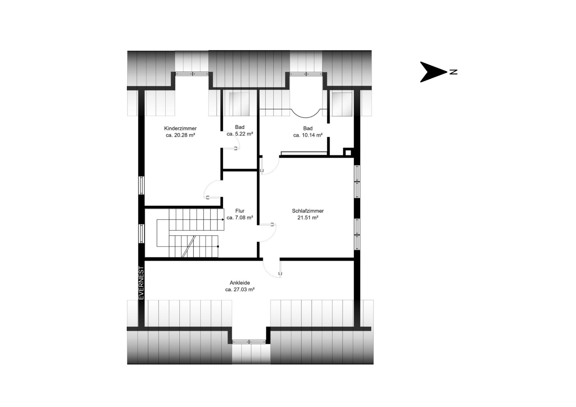 Grundriss mit Kinderzimmer, zwei Bädern, Schlafzimmer, Ankleide und Flur.