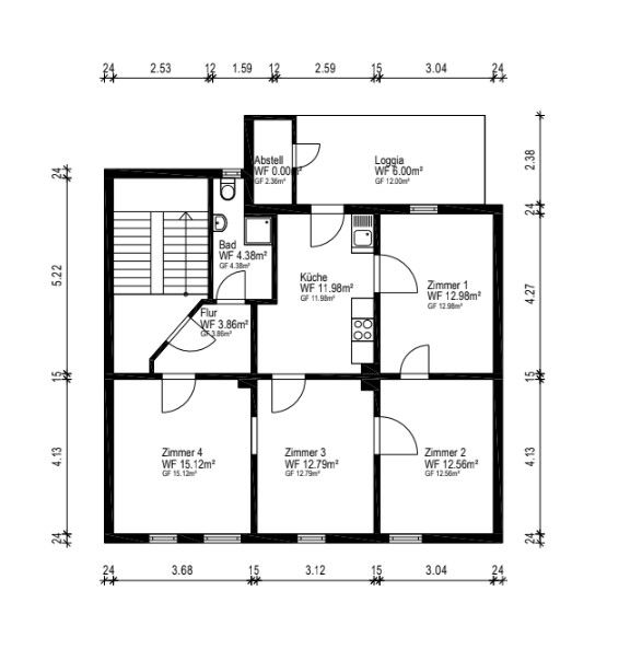 Grundriss einer Wohnung mit vier Zimmern, Küche, Bad, Flur, Abstellraum und Loggia.