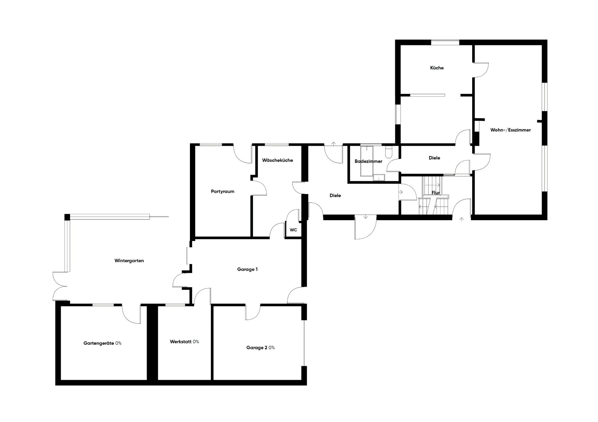 Grundriss eines Wohnhauses mit Wintergarten, Küche, Wohnzimmer, Partykeller und Garagen.