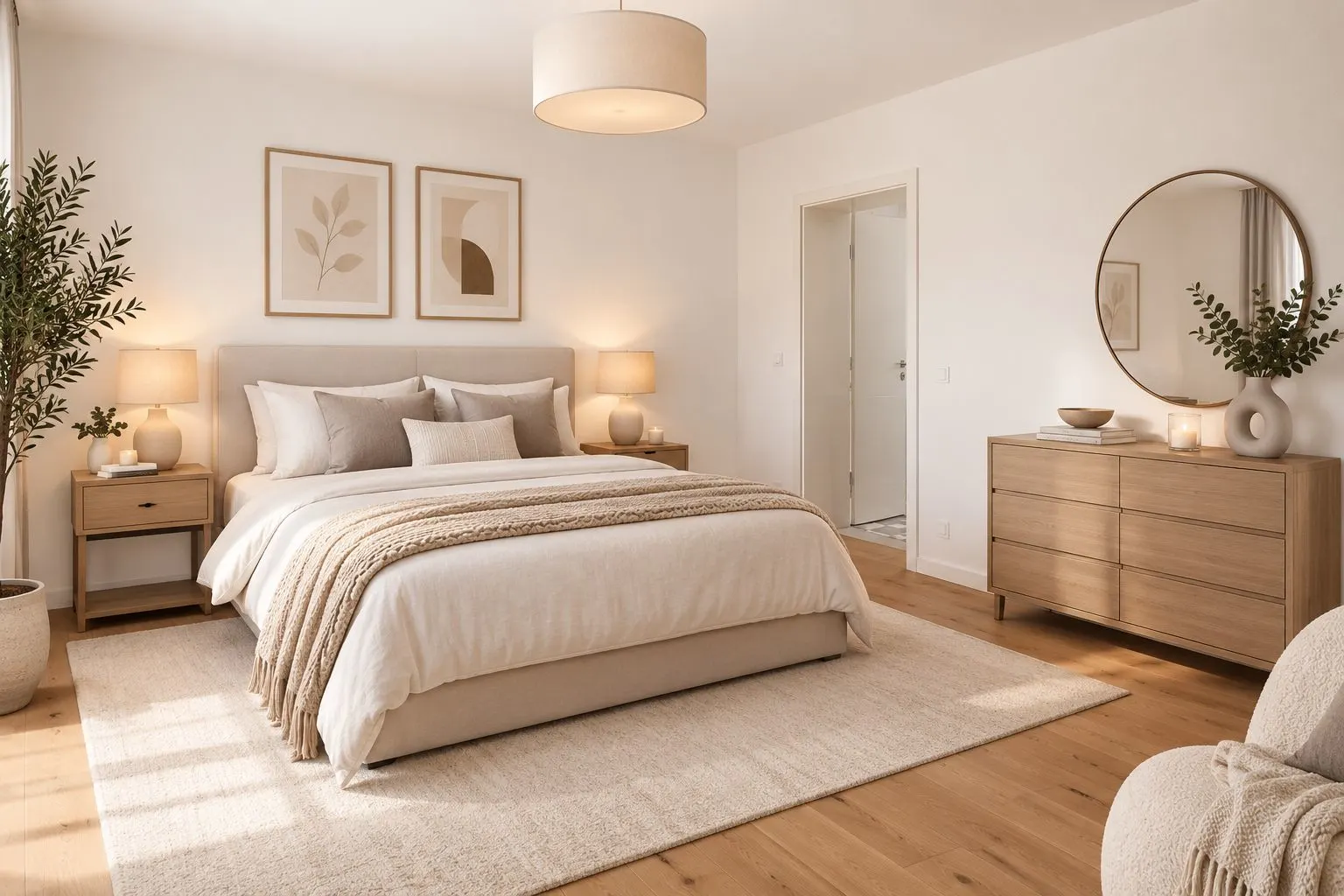 Helles Schlafzimmer mit Doppelbett, zwei Nachttischen, Kommode mit rundem Spiegel und Pflanzen.