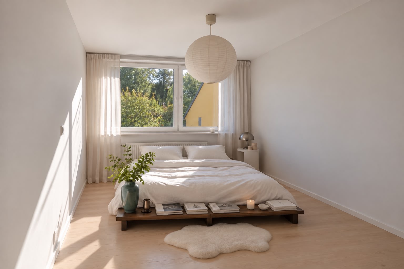 Helles Schlafzimmer mit niedrigem Bett, großem Fenster und schlichter Dekoration.