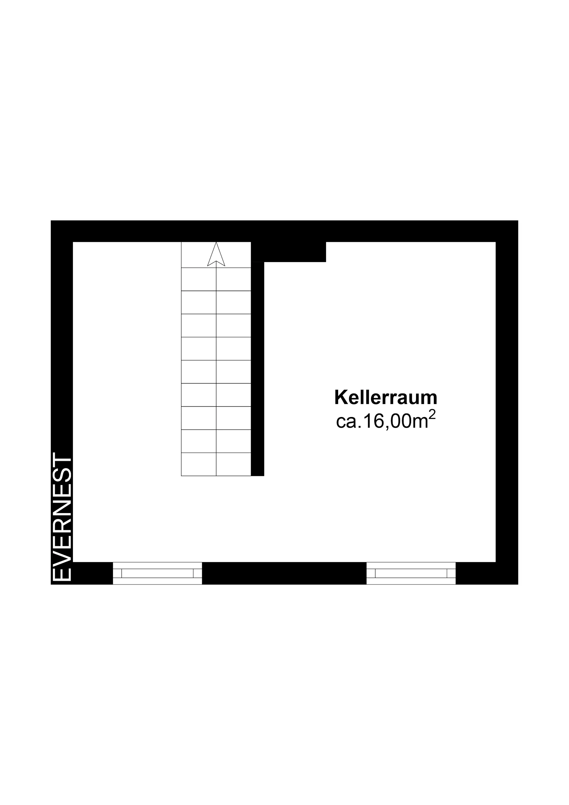 Grundriss eines Kellers mit ca. 16 Quadratmetern und Treppe.