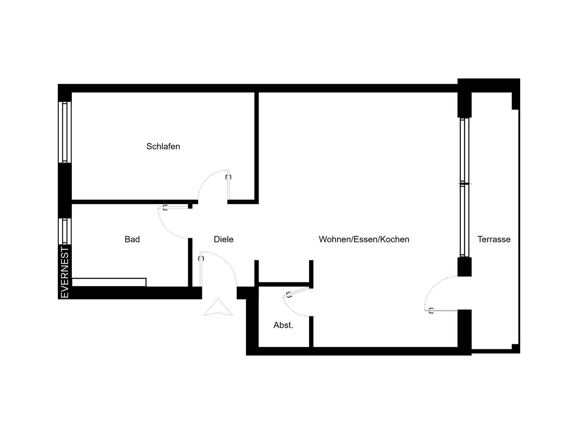 Grundriss mit Schlafzimmer, Bad, Diele, Wohnraum mit Küche und Terrasse.