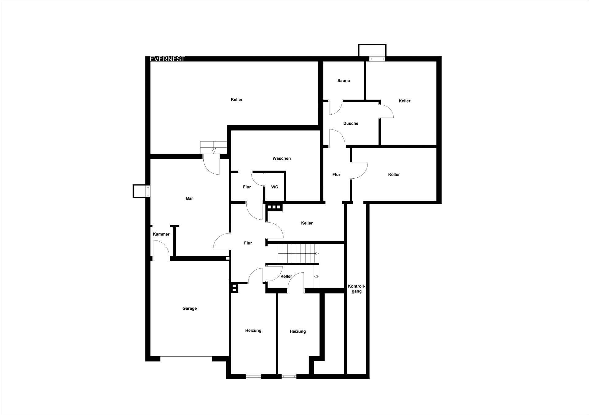 Grundriss mit Garage, Heizungsraum, Keller, Bar, Waschküche, Sauna, Dusche und Fluren.