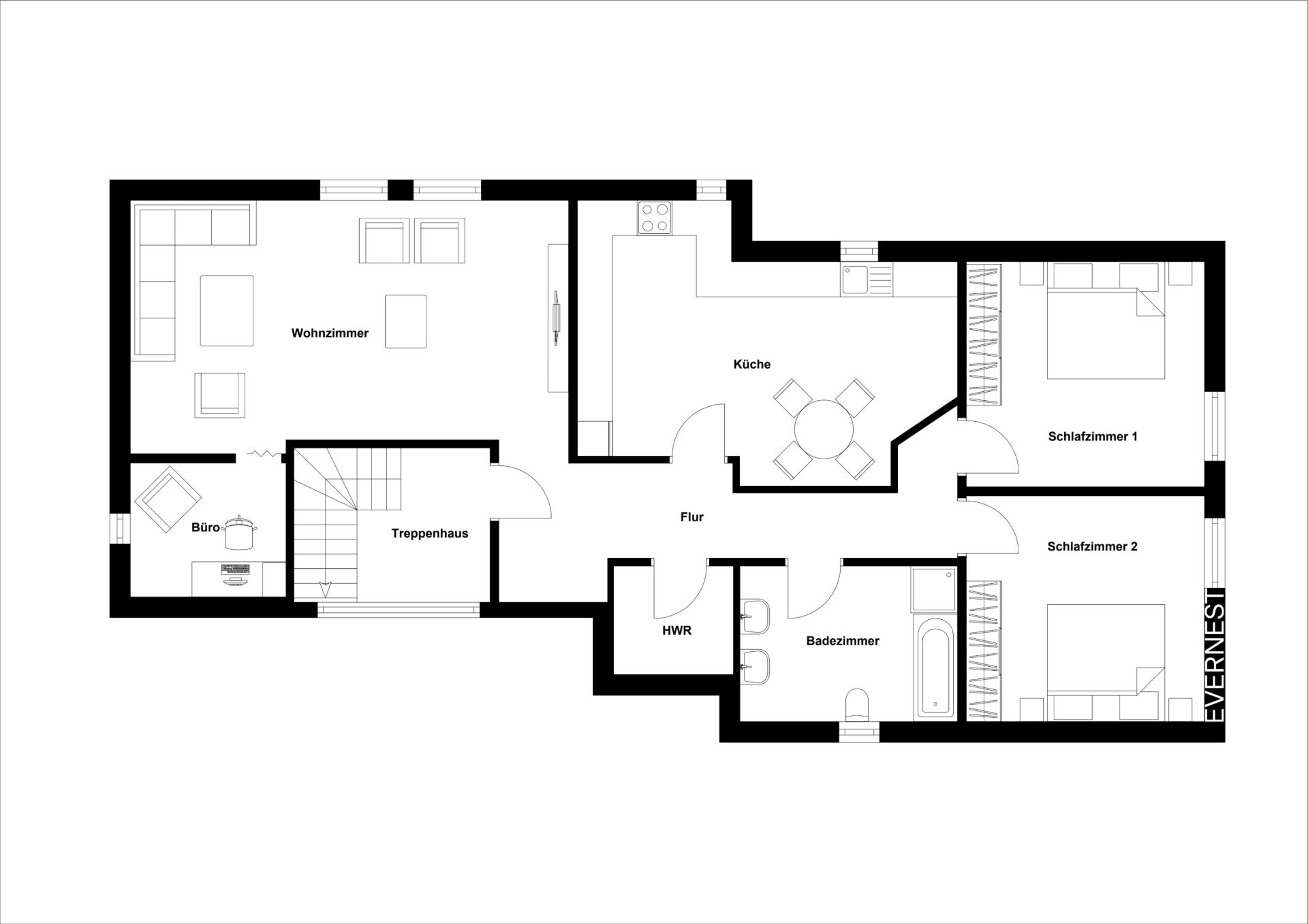 Grundriss mit Wohnzimmer, Küche, Bad, zwei Schlafzimmern, Büro und Flur.