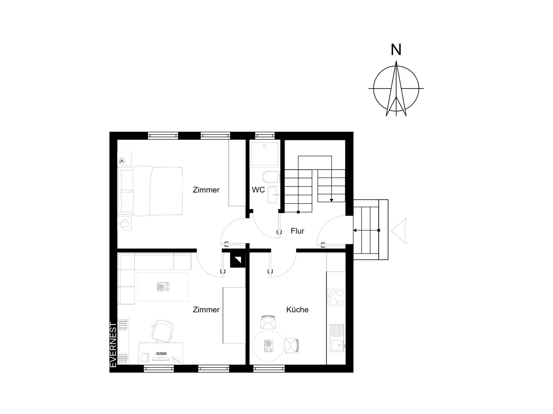 Grundriss einer Wohnung mit zwei Zimmern, Küche, WC und Flur.