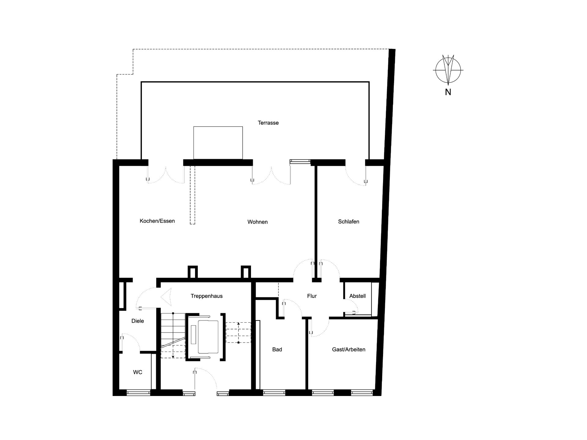 Grundriss einer Wohnung mit Terrasse, Wohnbereich, Schlafzimmer, Bad, WC und weiteren Zimmern.