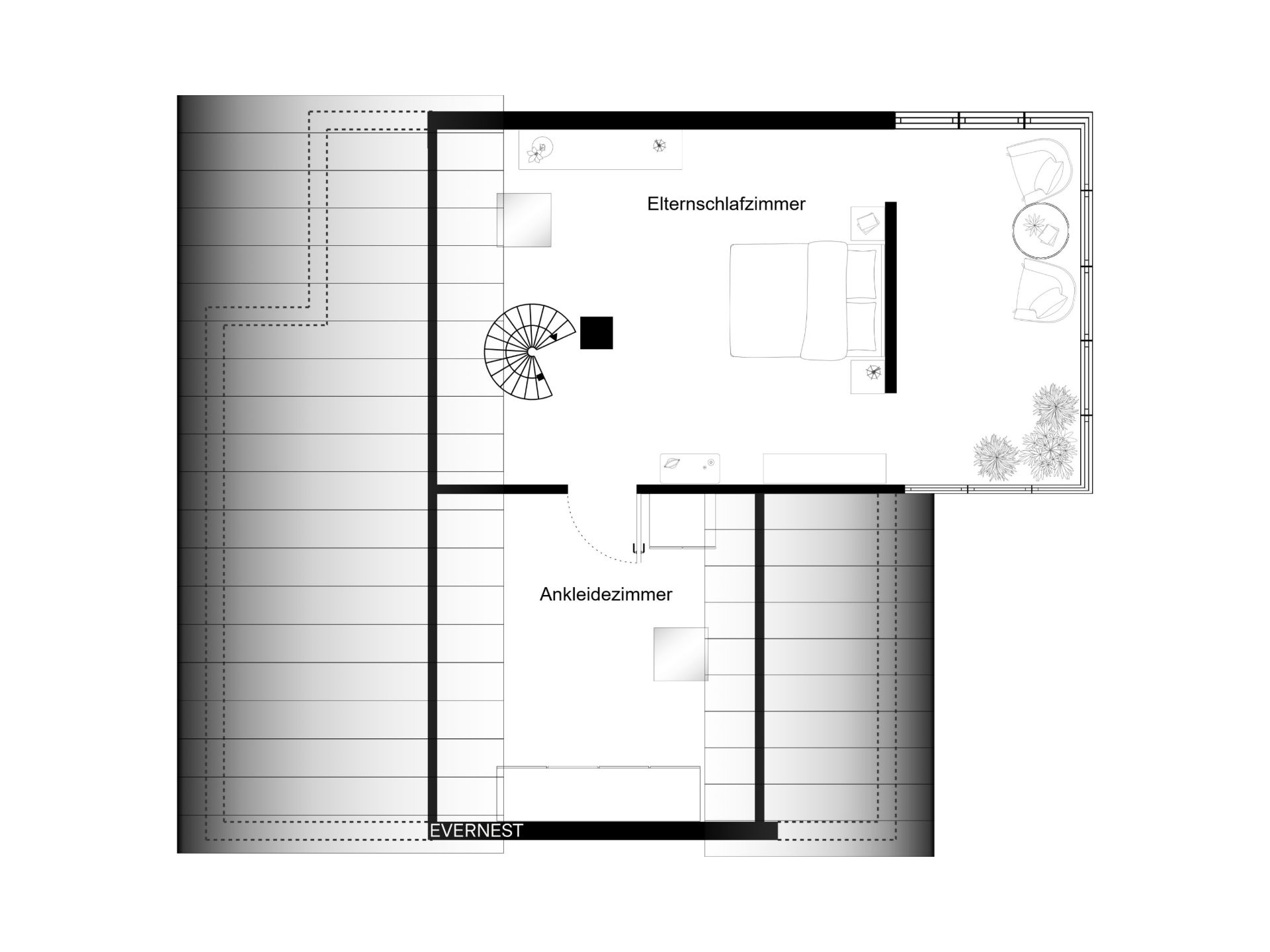 Grundriss zeigt ein Elternschlafzimmer und ein Ankleidezimmer mit Wendeltreppe.