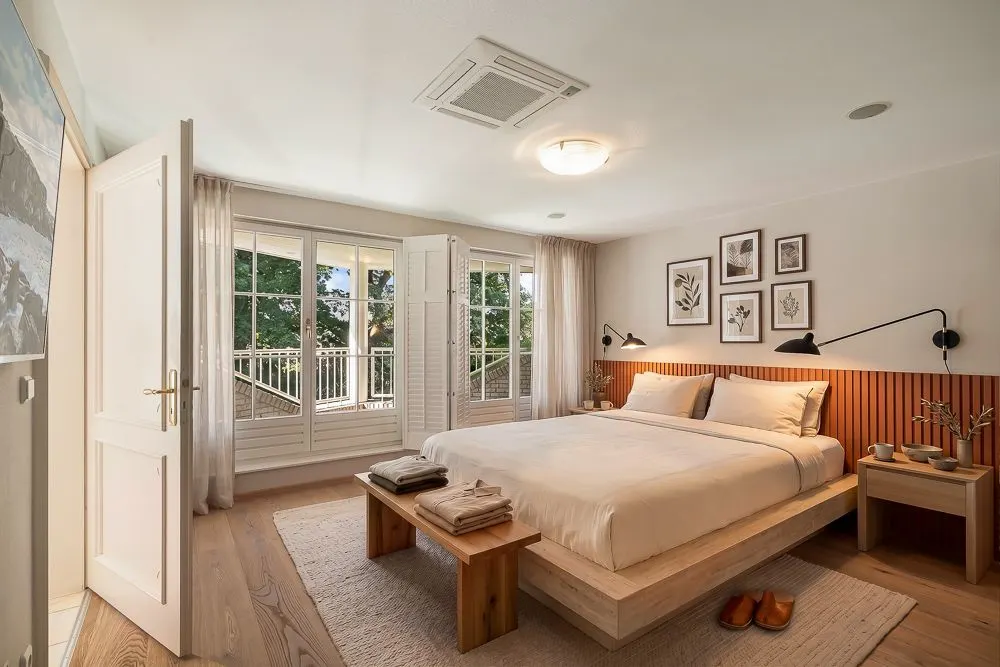 Helles Schlafzimmer mit großem Bett, Holzmöbeln und Fensterfront mit Blick auf einen Balkon.