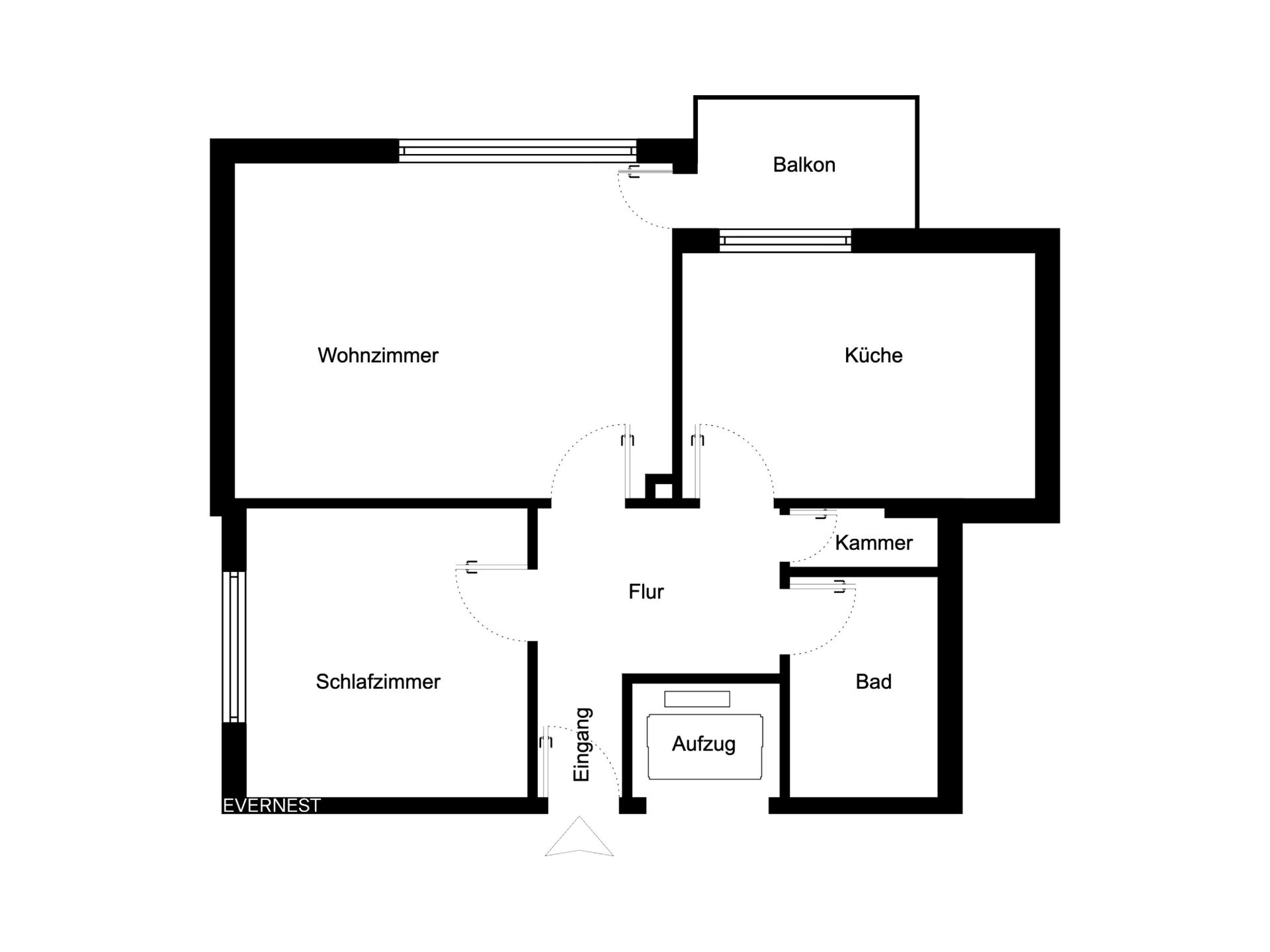 Grundriss mit Wohnzimmer, Schlafzimmer, Küche, Bad, Kammer, Flur, Balkon, Eingang und Aufzug.