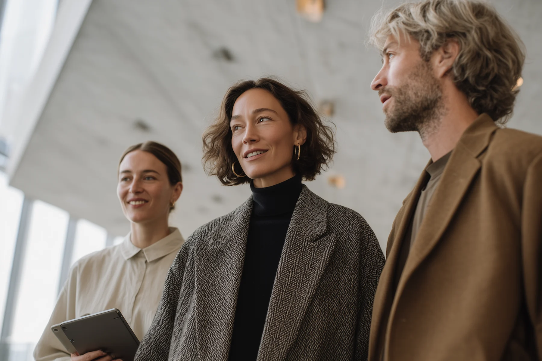 Drei Personen in Mänteln stehen zusammen in einem modernen Innenraum.