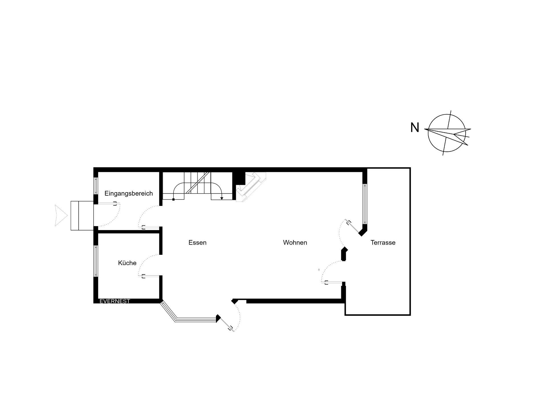 Grundriss zeigt Küche, Eingangsbereich, Essen, Wohnen und Terrasse.
