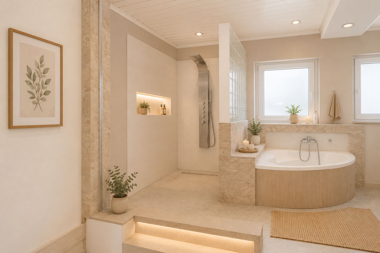 Helles Badezimmer mit Eckbadewanne, begehbarer Dusche, Pflanzen und zwei Fenstern.