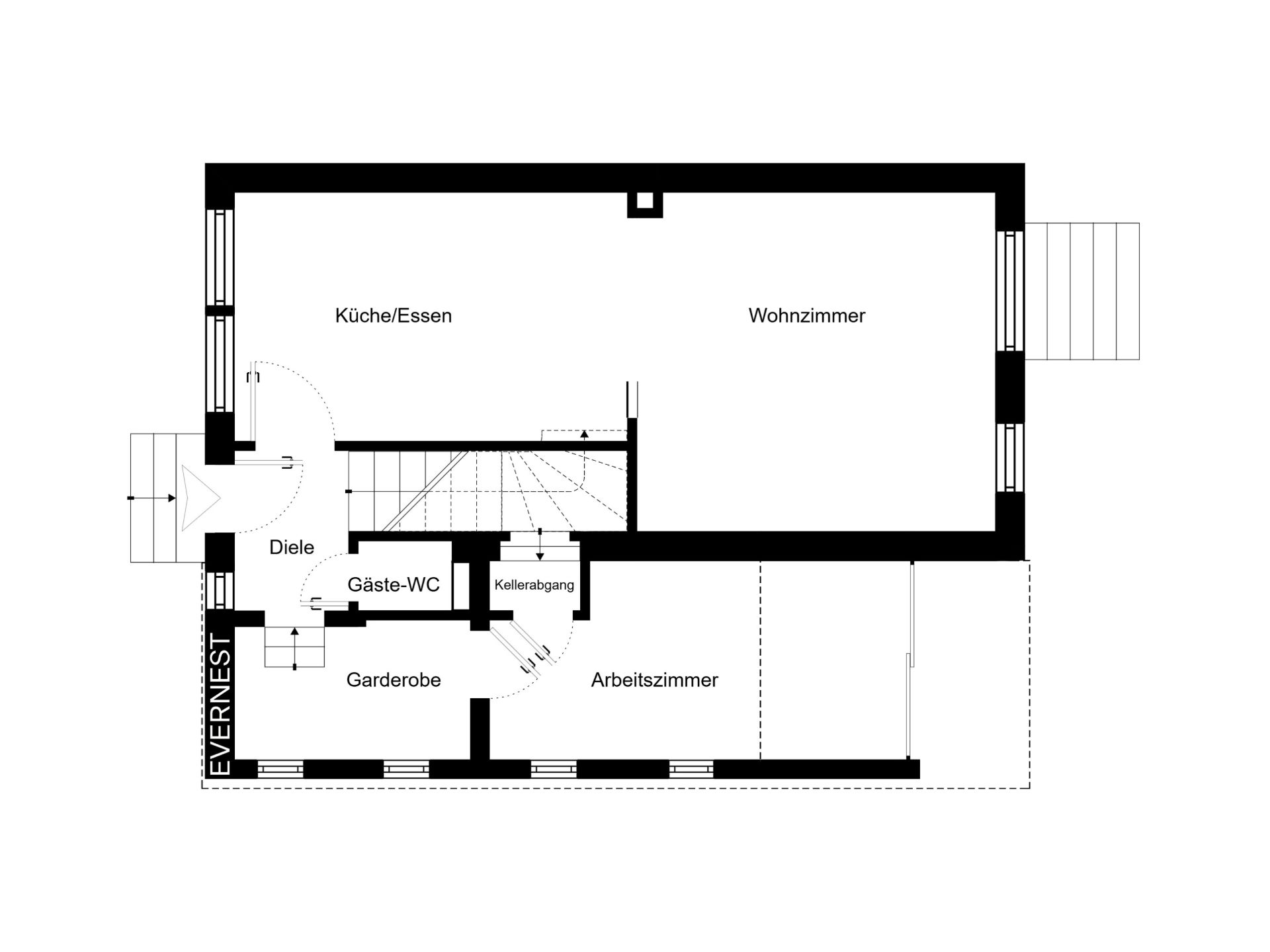 Grundriss eines Wohnhauses mit Küche, Wohnzimmer, Diele, Gäste-WC, Garderobe und Arbeitszimmer.