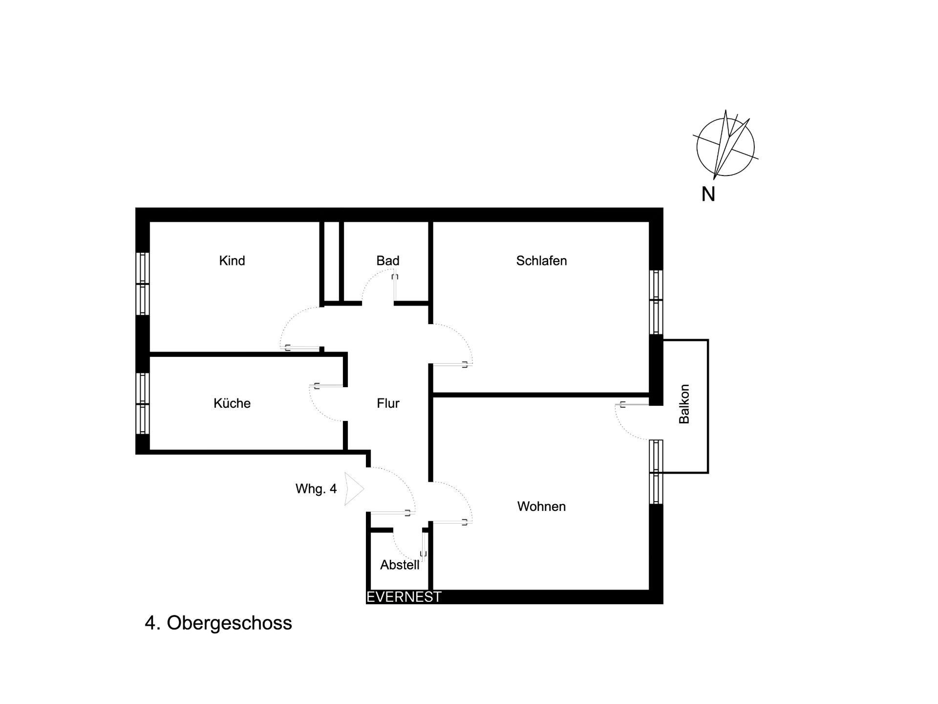 Grundriss einer Wohnung mit Zimmern: Kind, Schlafen, Bad, Küche, Wohnen, Abstellraum, Flur und Balkon.