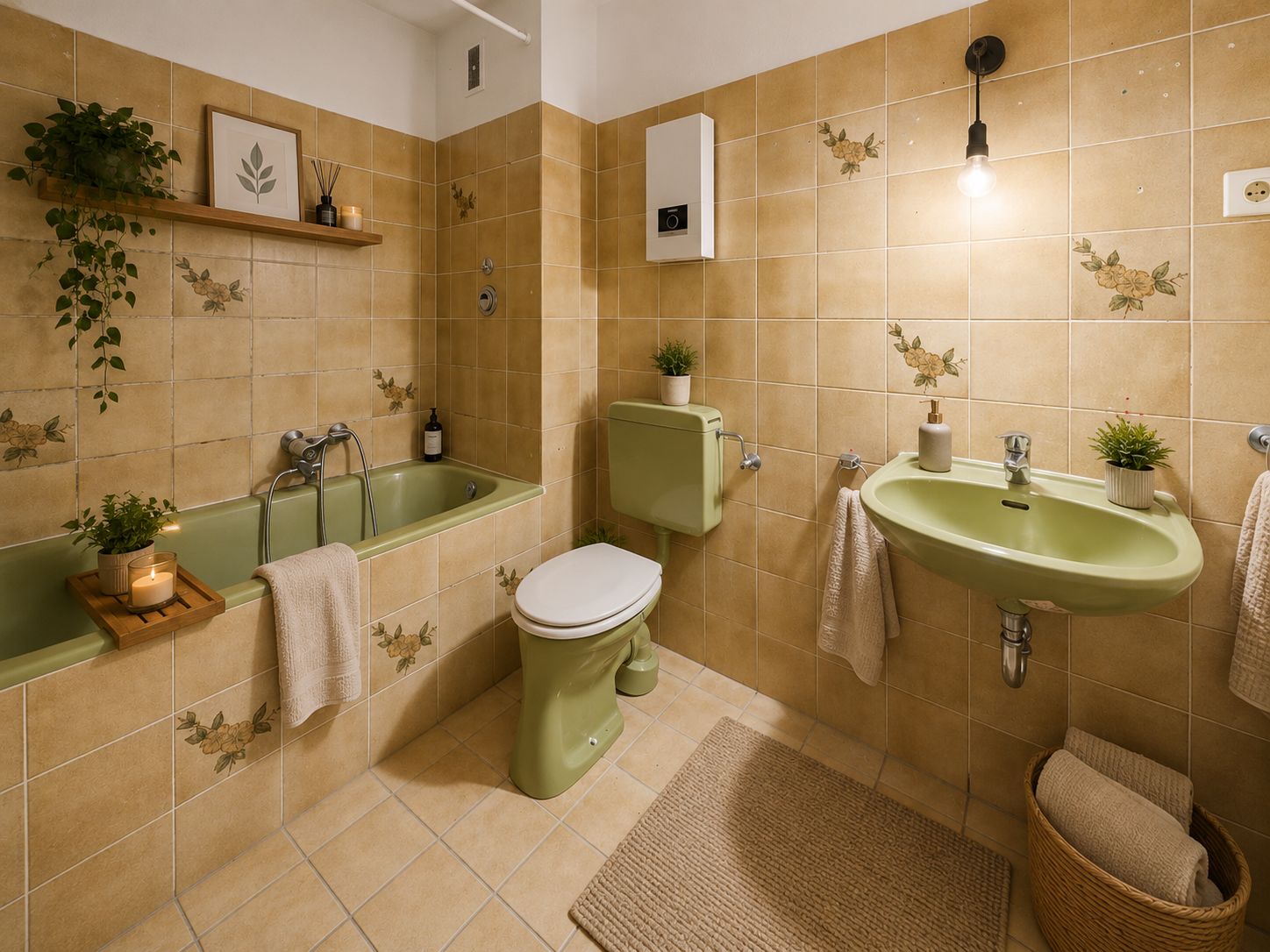 Badezimmer mit grüner Badewanne, WC und Waschbecken, beigen Fliesen und Pflanzen.