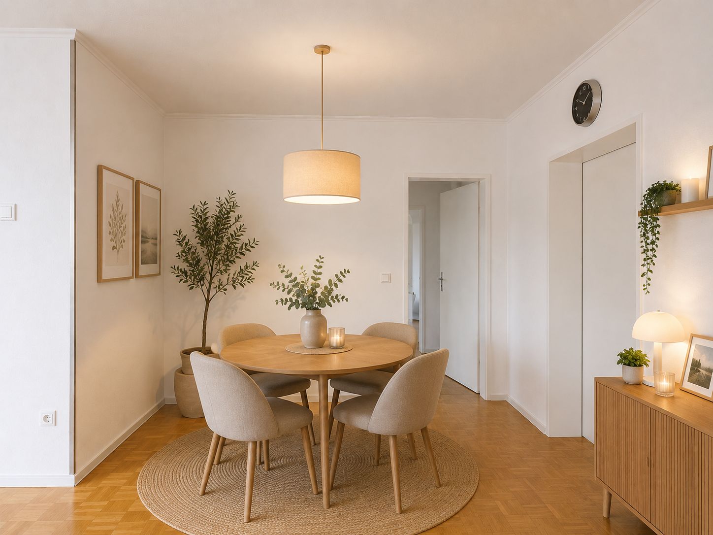 Essbereich mit rundem Holztisch, vier Stühlen, Lampe und Dekopflanzen in einem hellen Raum.