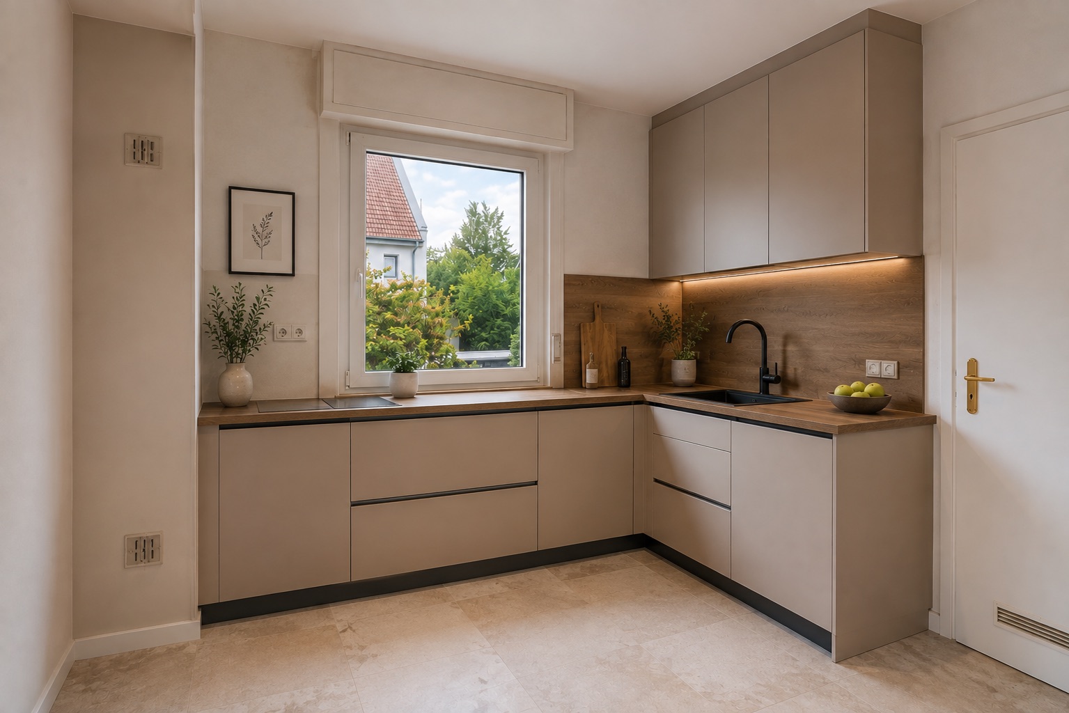 Moderne Küche mit beigen Schränken, Spüle, Fenster und Dekorationen auf der Arbeitsplatte.
