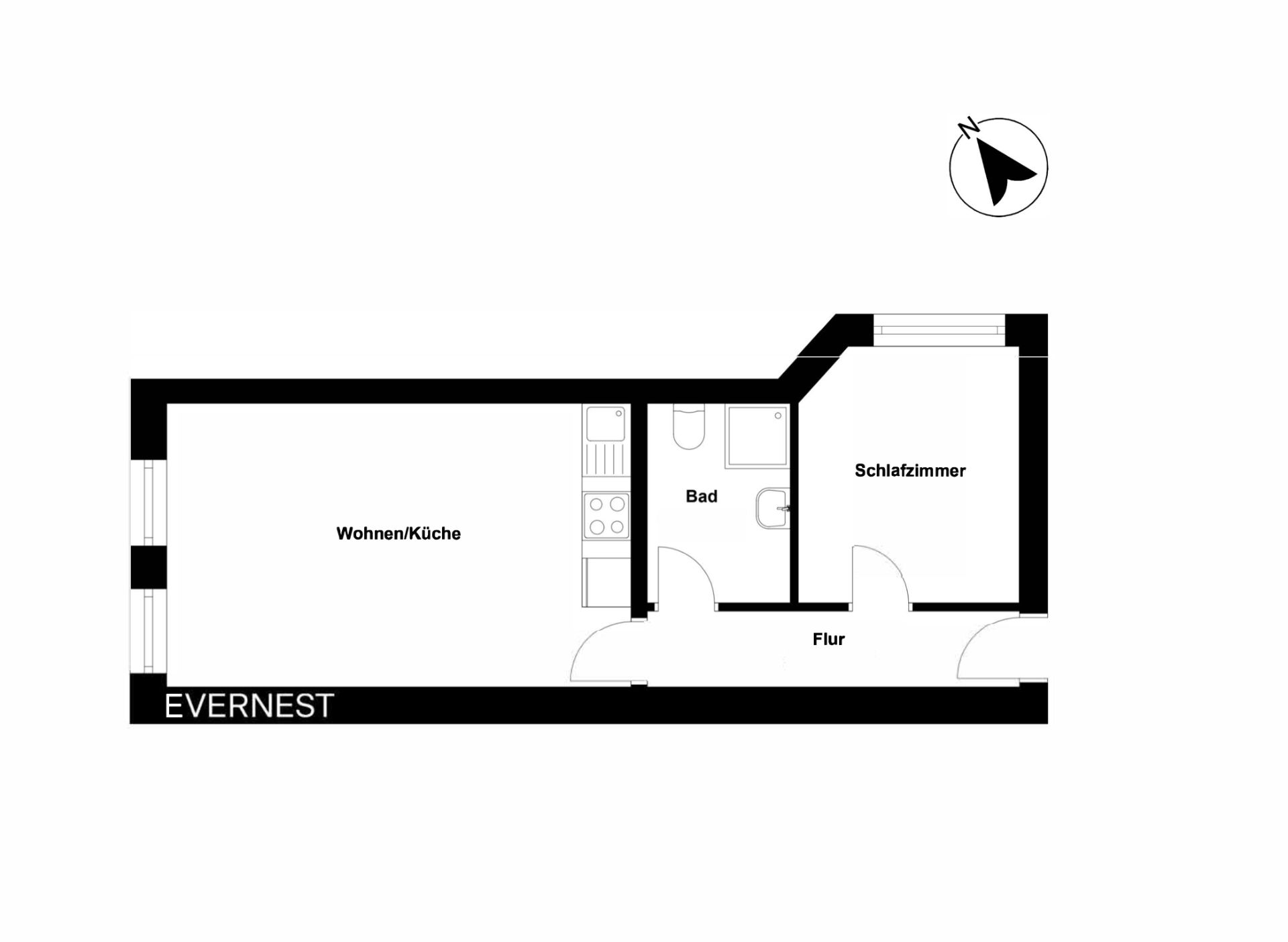 Grundriss einer Wohnung mit Wohnküche, Bad, Schlafzimmer und Flur.