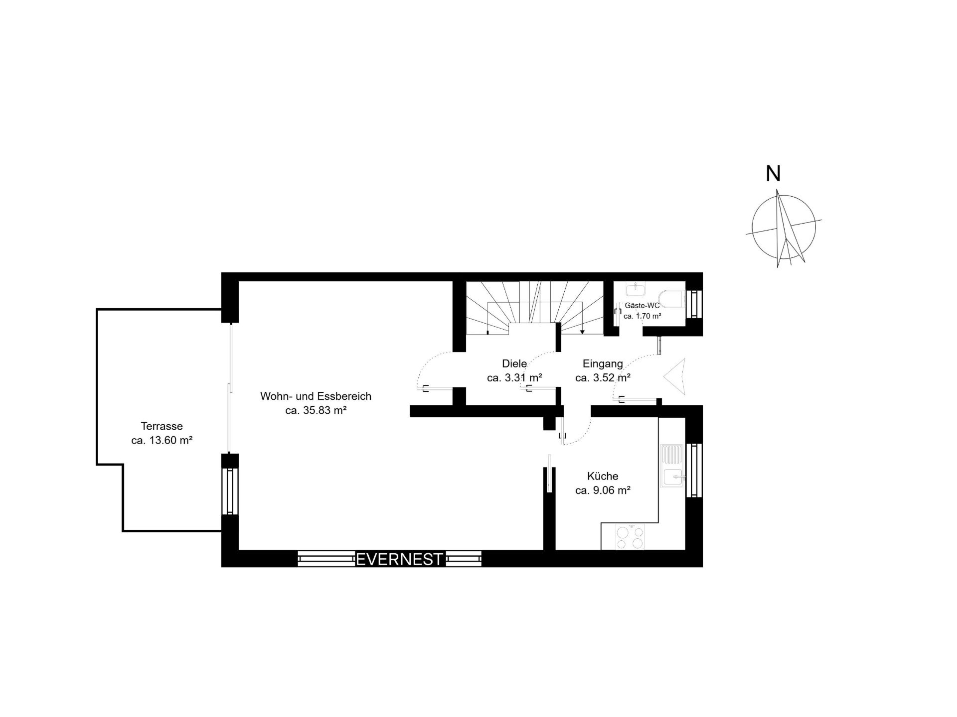 Grundriss mit Wohn- und Essbereich, Küche, Gäste-WC, Diele, Eingang und Terrasse.