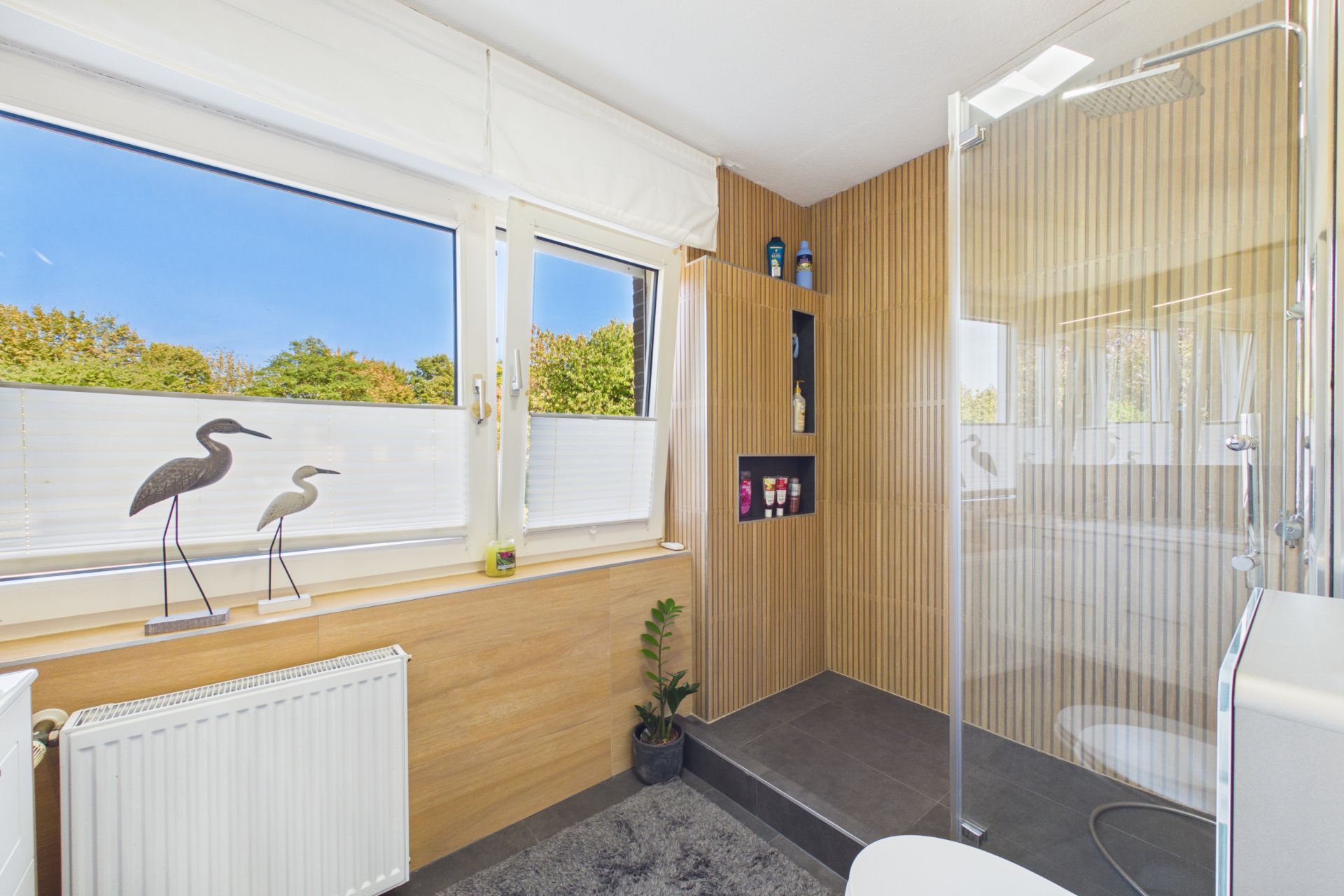 Modernes Badezimmer mit großer Dusche, Fenster, Heizung und Dekoration.
