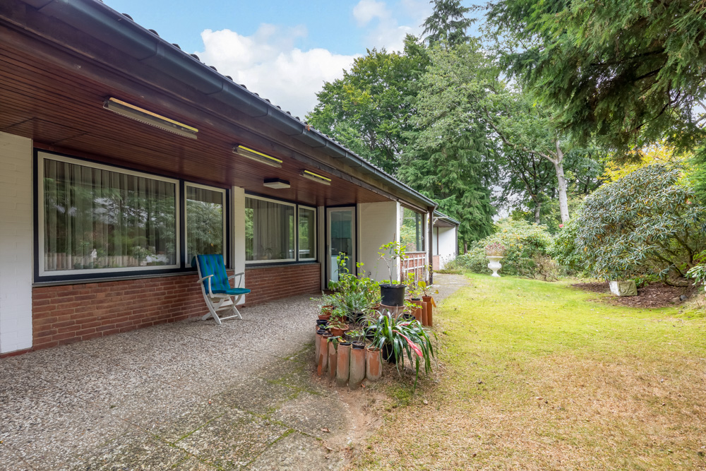 Überdachte Terrasse mit Stuhl und Pflanzgefäßen, angrenzend an einen Garten mit Bäumen und Sträuchern.