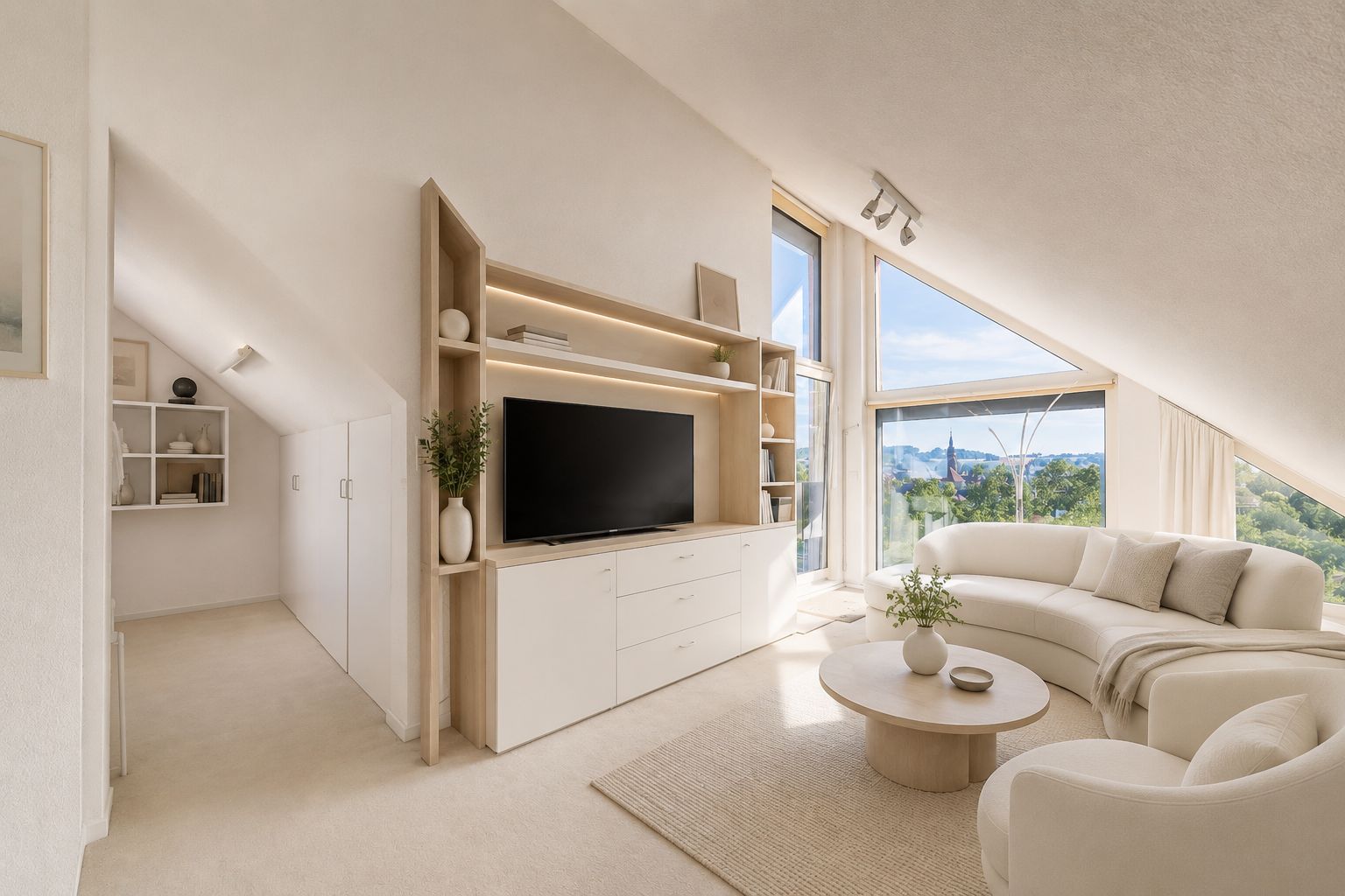 Helles Wohnzimmer mit Sofa, Sessel, TV-Regal und großem Fenster mit Ausblick.