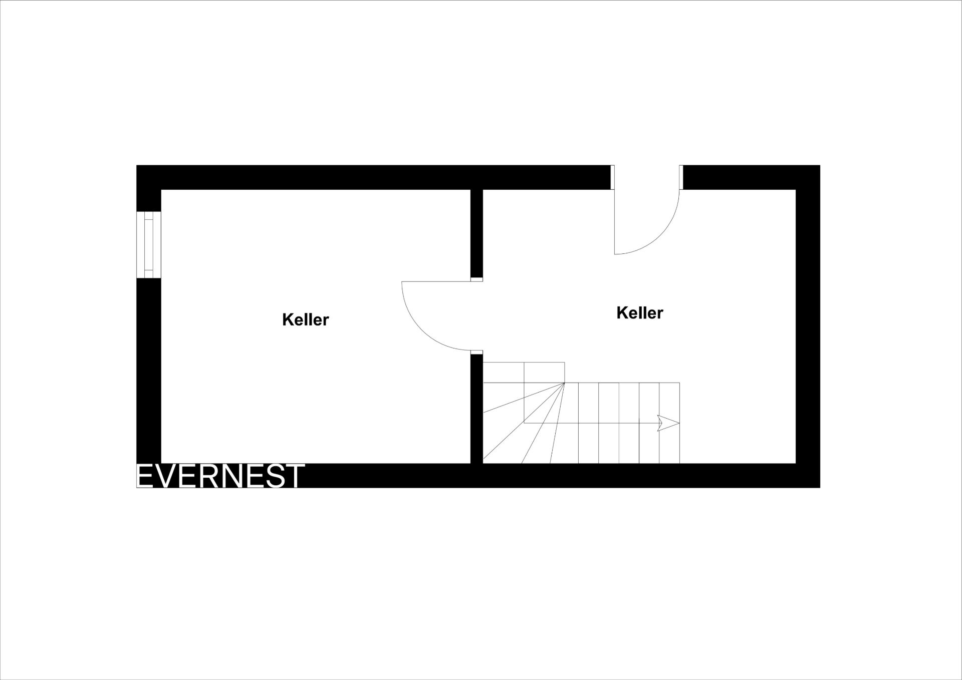 Grundriss des Kellers mit zwei Kellerräumen und Treppe.