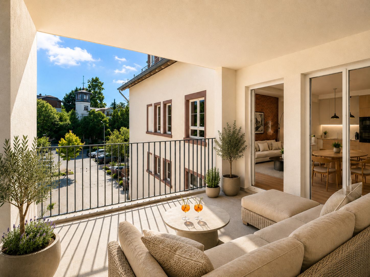 Großer Balkon mit Sofa, Tisch und Pflanzen, Blick auf Straße und benachbartes Wohnhaus.