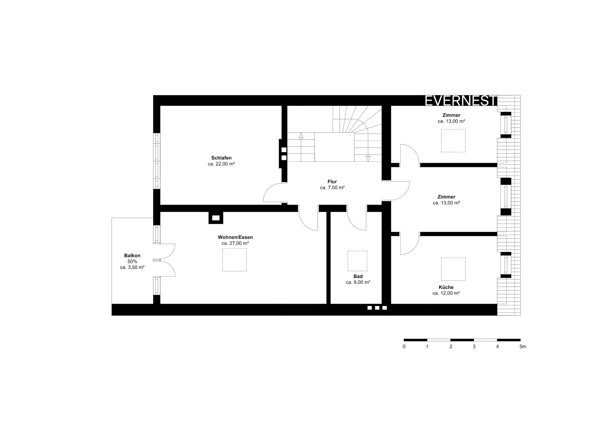 Grundriss einer Wohnung mit Schlafzimmer, Wohnzimmer, Küche, Bad, Flur, zwei Zimmern und Balkon.
